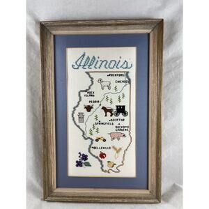 Illinois State Cross Stitch Picture Finished Professionally Framed Matted 14x9